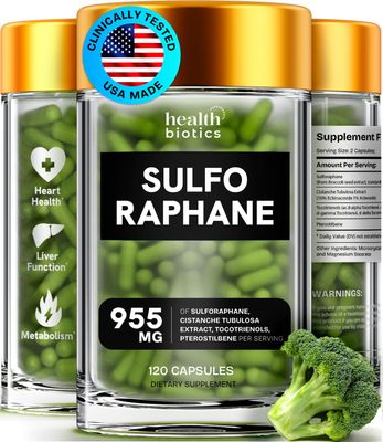 Healthbiotics Sulforaphane Supplement Organic Broccoli Sprouts | Stabilized Sulforaphane Kids &amp; Adult | from Broccoli Florets &amp; Seeds | Organic Sulfur Supplements 120 Pills | 1 Pack