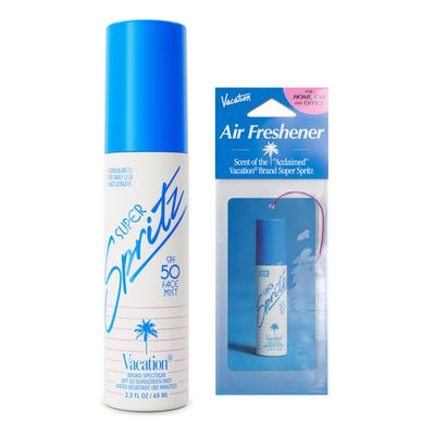 Vacation Super Spritz SPF 50 Face Mist &amp; Air Freshener Bundle, Daily Face Sunscreen Spray, Clean &amp; Lightweight Feel, Water-Resistant, Non-Comedogenic, Vegan, Travel Size, 2.2 Fl. Oz.