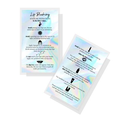Lip Blush Aftercare Instructions Card | 50 Pack | 2x3.5&quot; inches Business Card Size | Lip Glow Lip Blush PMU Lip Tint Lip Tattoo | Holographic Design