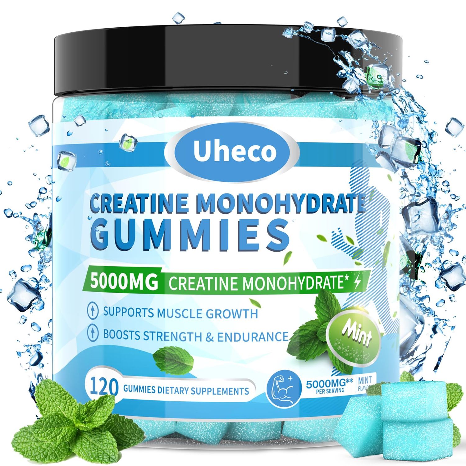 Uheco Mint Flavor Creatine Monohydrate Gummies 5000mg for Men &amp; Women,Contains L-Taurine Vitamin B12, Betaine, L-Citrulline for Muscle Strength, Improve Exercise Endurance -115 Count