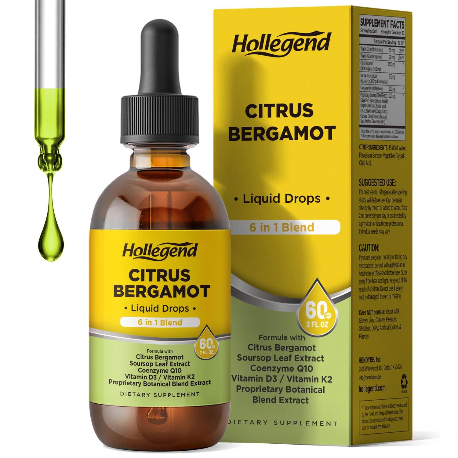 HOLLEGEND Citrus Bergamot Liquid Drops,Citrus Bergamot 1000mg Supplement for High Cholesterol,with Soursop, CoQ10,VitaminD3,K2 for Heart Immune Health Support,Vegan,Lemon Flavor,2 Fl Oz