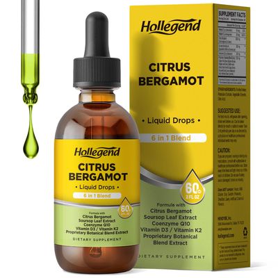 HOLLEGEND Citrus Bergamot Liquid Drops,Citrus Bergamot 1000mg Supplement for High Cholesterol,with Soursop, CoQ10,VitaminD3,K2 for Heart Immune Health Support,Vegan,Lemon Flavor,2 Fl Oz
