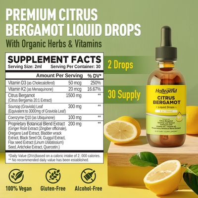 HOLLEGEND Citrus Bergamot Liquid Drops,Citrus Bergamot 1000mg Supplement for High Cholesterol,with Soursop, CoQ10,VitaminD3,K2 for Heart Immune Health Support,Vegan,Lemon Flavor,2 Fl Oz