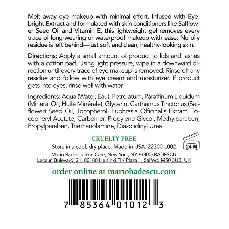 Mario Badescu Eye Makeup Remover Gel Ideal for Combination or Oily Skin Lightweight, Non-Greasy Waterproof Eye Make Up Cleanser Formulated with Safflower Seed Oil, 4 Fl Oz