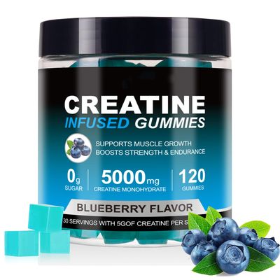 Creatine Monohydrate Gummies 5000 mg, Blueberry Flavor, 120 Sugar-Free Vegan Creatine Chews for Women and Men - Creatine Supplement for Daily Routine