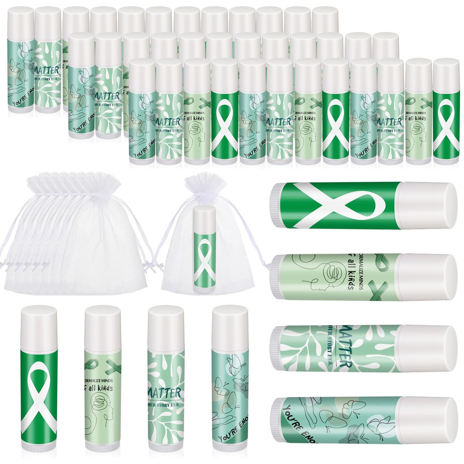 Fumete 50 Sets Suicide Prevention Awareness Lip Balm Bulks Motivational Green Teal Ribbon Lip Balm Gift for Mental Health Awareness Inspirational Party Favor
