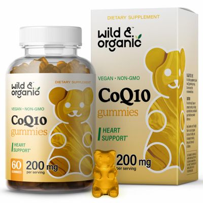 Wild &amp; Organic CoQ10 Gummies - Vegan CoQ10 200mg Antioxidant Supplement with Ubiquinone - Natural Energy and Focus Gummies with Coenzyme Q10-60 Non-GMO Pectin Chewables