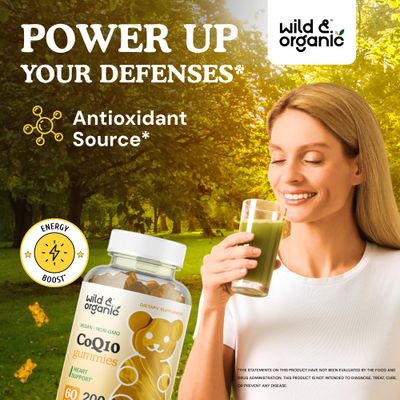 Wild & Organic CoQ10 Gummies - Vegan CoQ10 200mg Antioxidant Supplement with Ubiquinone - Natural Energy and Focus Gummies with Coenzyme Q10-60 Non-GMO Pectin Chewables