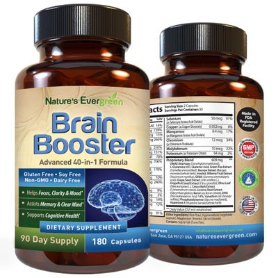 Brain Booster 40-in-1 Formula Supplement for Focus, Memory, Clarity, Energy | for Men &amp; Women, Cognitive Function Nootropic Support with DMAE, Brain Health Formula | (180 Capsules - 90 Day Supply)