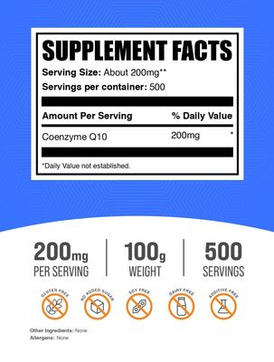 BulkSupplements.com Coenzyme Q10 Powder - Coenzyme Q10 200mg Supplement, Nutritional Supplement - Gluten Free, 200mg per Serving, 100g (3.5 oz) (Pack of 1)