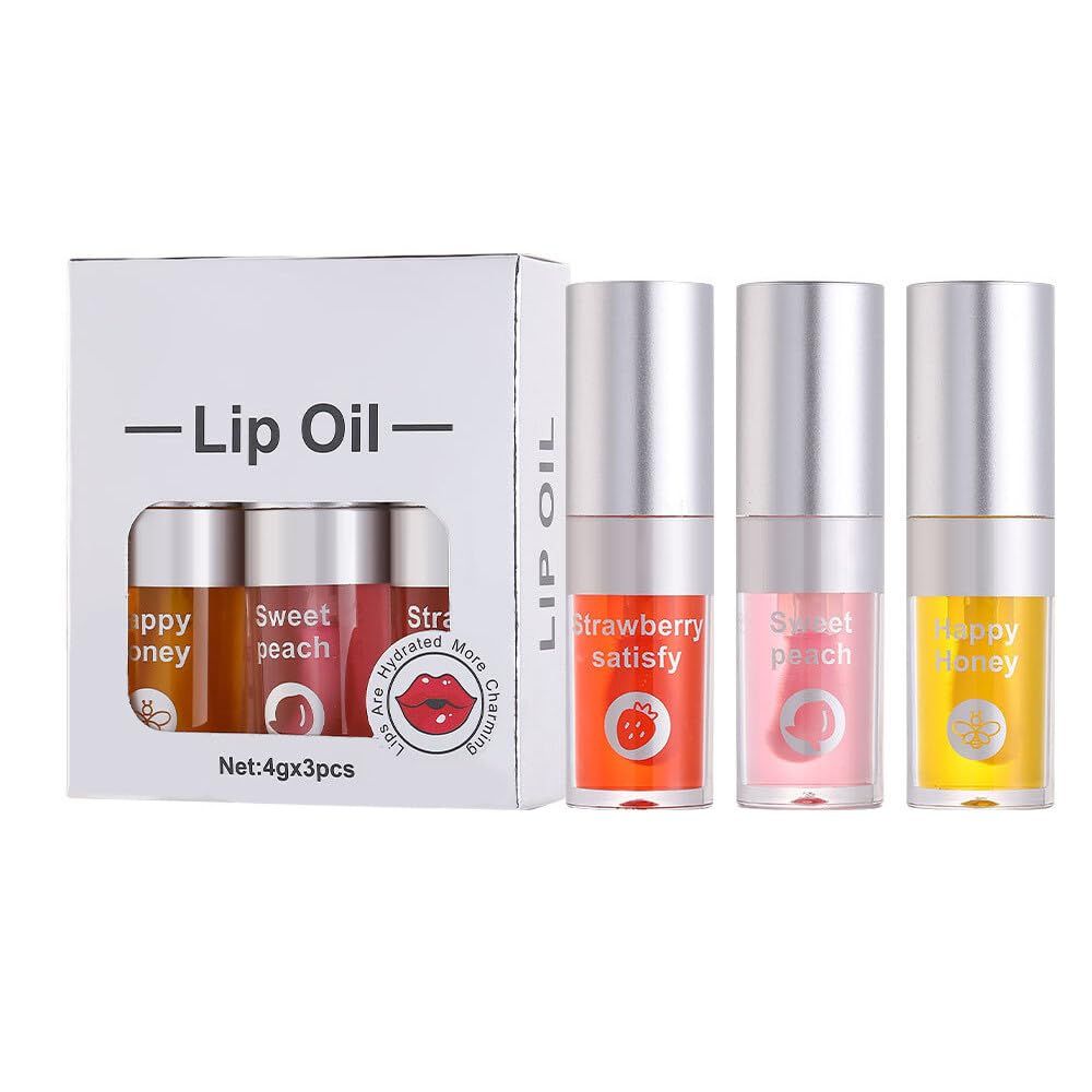 3PCS Moisturizing Lip Oil Set, Hydrating Lip Glow Oil Moisturizing Lip Oil Gloss Transparent No Sticky Lip Gloss Lip Balm Lip Care for Women Girls