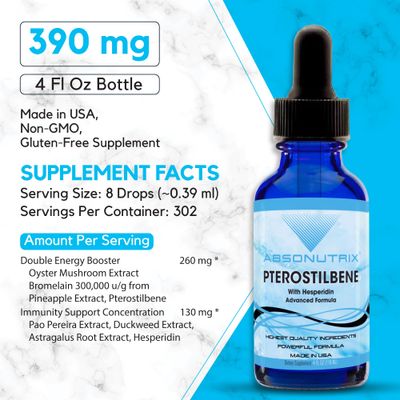 Absonutrix Pterostilbene with Hesperidin 390 mg, 4 Oz Liquid, 300 Servings, Made in USA, Quick Absorption, Quality Potent Ingredients, Non-GMO, GMP Certified Facility, Cruelty-Free Products