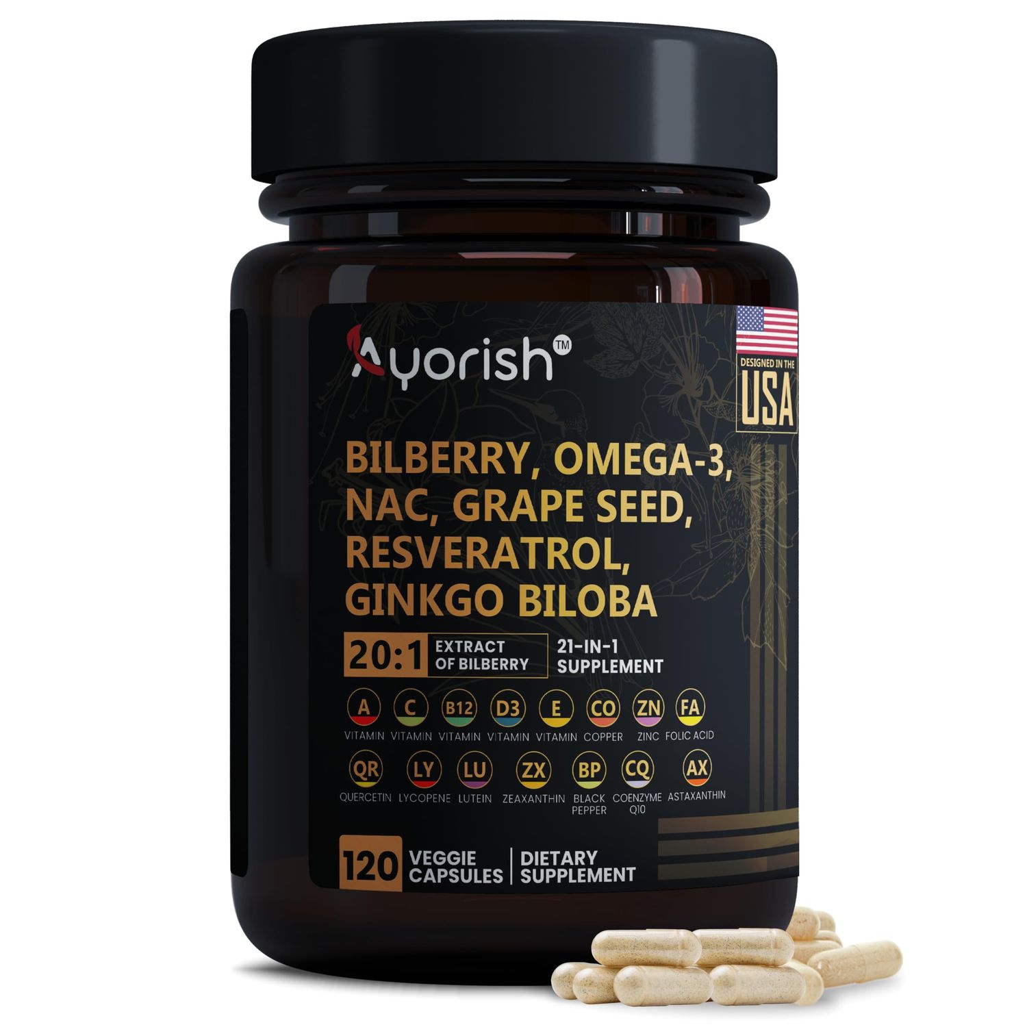 Ayorish Eye Vitamins with Bilberry Lutein and Zeaxanthin Supplements Lycopene Resveratrol Grape Seed Astaxanthin for Eyes - Eye Care Health Support Eye Vitamin and Mineral Supplement 120 Count