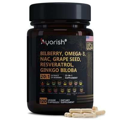 Ayorish Eye Vitamins with Bilberry Lutein and Zeaxanthin Supplements Lycopene Resveratrol Grape Seed Astaxanthin for Eyes - Eye Care Health Support Eye Vitamin and Mineral Supplement 120 Count