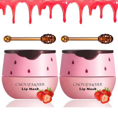 2 PCS Strawberry Lip Mask Lip Balm Honey Pot, Vitamin E &amp; Moisturizing Propolis Sleeping Lip Mask Prevention Dry and Cracked Lip Scrubs Exfoliator (2 strawberry)
