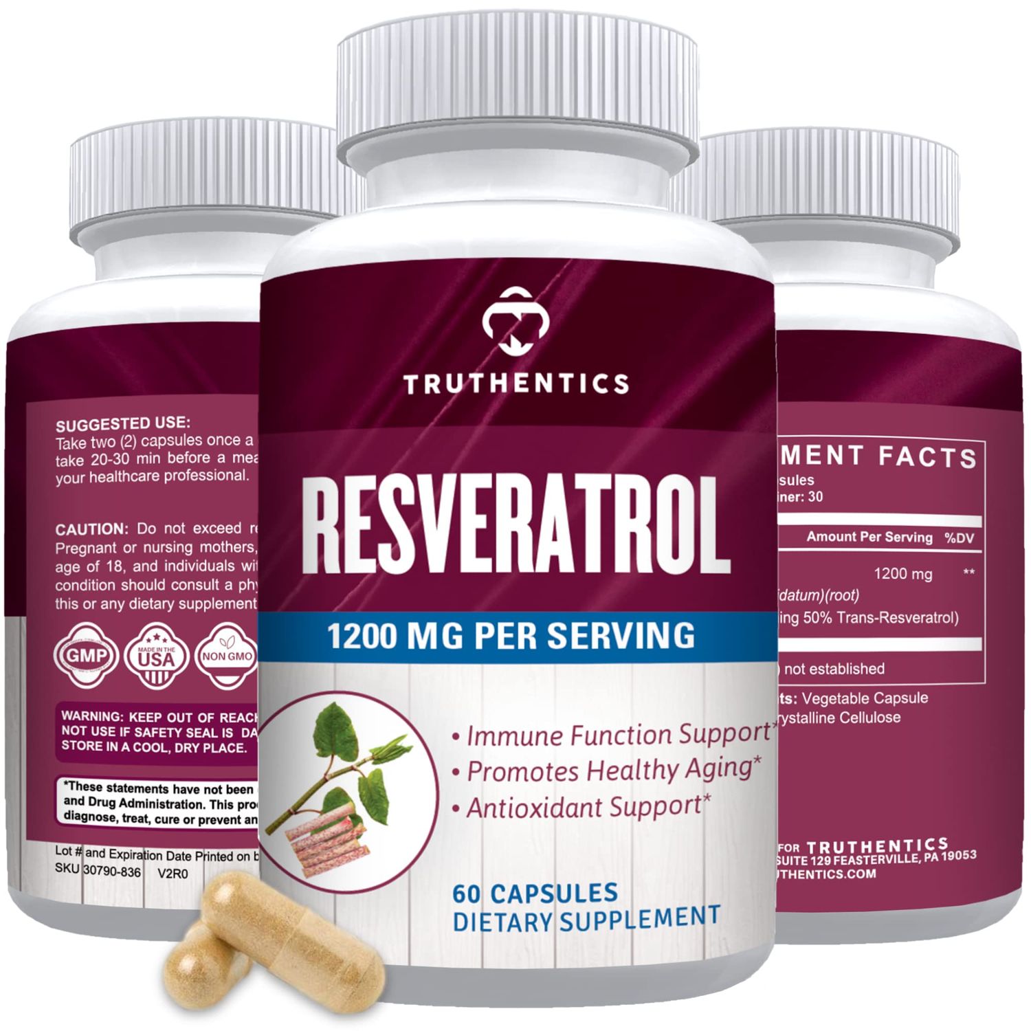 TRUTHENTICS Resveratrol Supplement 1200mg - Japanese Knotweed Capsules - High Potency Trans Resveratrol Nutritional Supplements for Healthy Aging, Vibrant Skin &amp; Immune Health - 60 Vegan Capsules