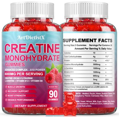 Creatine Monohydrate 8000mg Gummies with BCAA, L-Carnitine, Taurine &amp; Vitamin B12 - Pre Workout Supplement for Muscle Growth, Strength &amp; Energy - Raspberry Flavor Gummies, 180 Count for Men &amp; Women