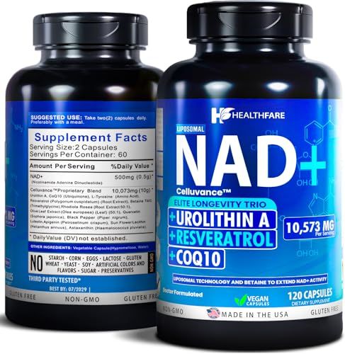 Healthfare 10,573mg NAD Supplement, Resveratrol, CoQ10-120 Capsules NMN Alternative Liposomal High Absorption Formula | Betaine for Anti-Aging Extended Effects - Cellular Energy, Skin for Women &amp; Men
