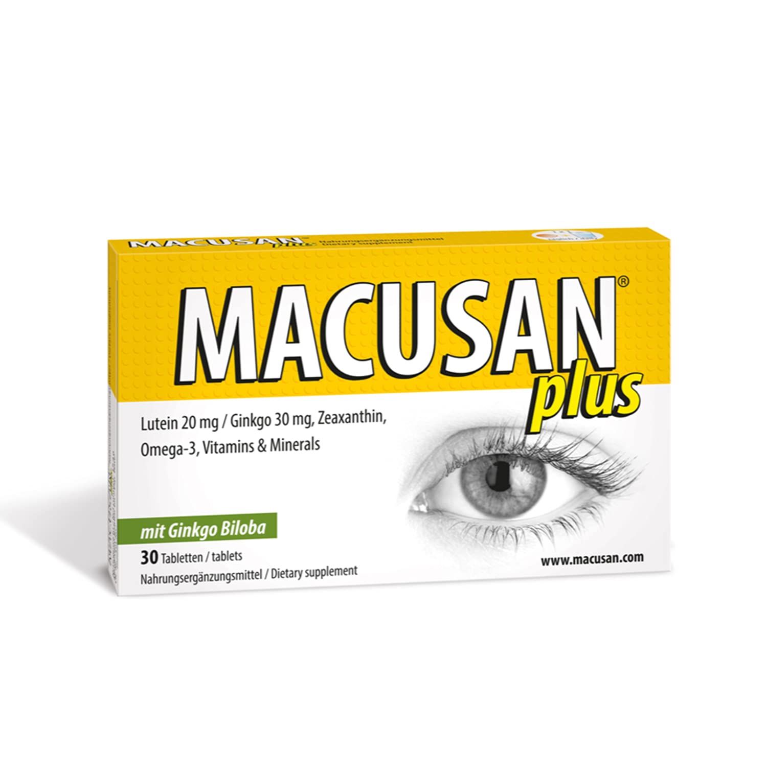 Macusan Plus Dry Eye Tablets for Age-Related Eye Health Problems,Eye Vitamin &amp; Mineral Supplement with Lutein, Zeaxanthin &amp; Ginkgo Biloba to Improve Eyesight, Suitable for Start of AMD Problems