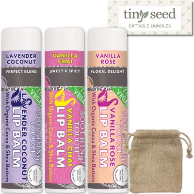 Vegan Lip Balm Set - Variety Pack of 3 Soothing Touch Lip Balms. Includes Bonus Muslin Pouch (3 x 4 in). Unique Gift Bundle from Tiny Seed (Lavender Coconut, Vanilla Chai, Vanilla Rose)