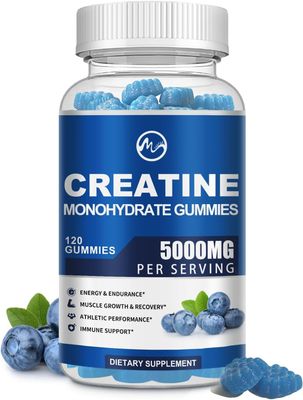 Creatine Monohydrate Gummies 5000mg with Taurine and L-Glutamine, Blueberry Flavored Creatine Monohydrate for Men and Women, Pre Workout Supplement for Muscle Strength and Energy Boost, 120 Gummies