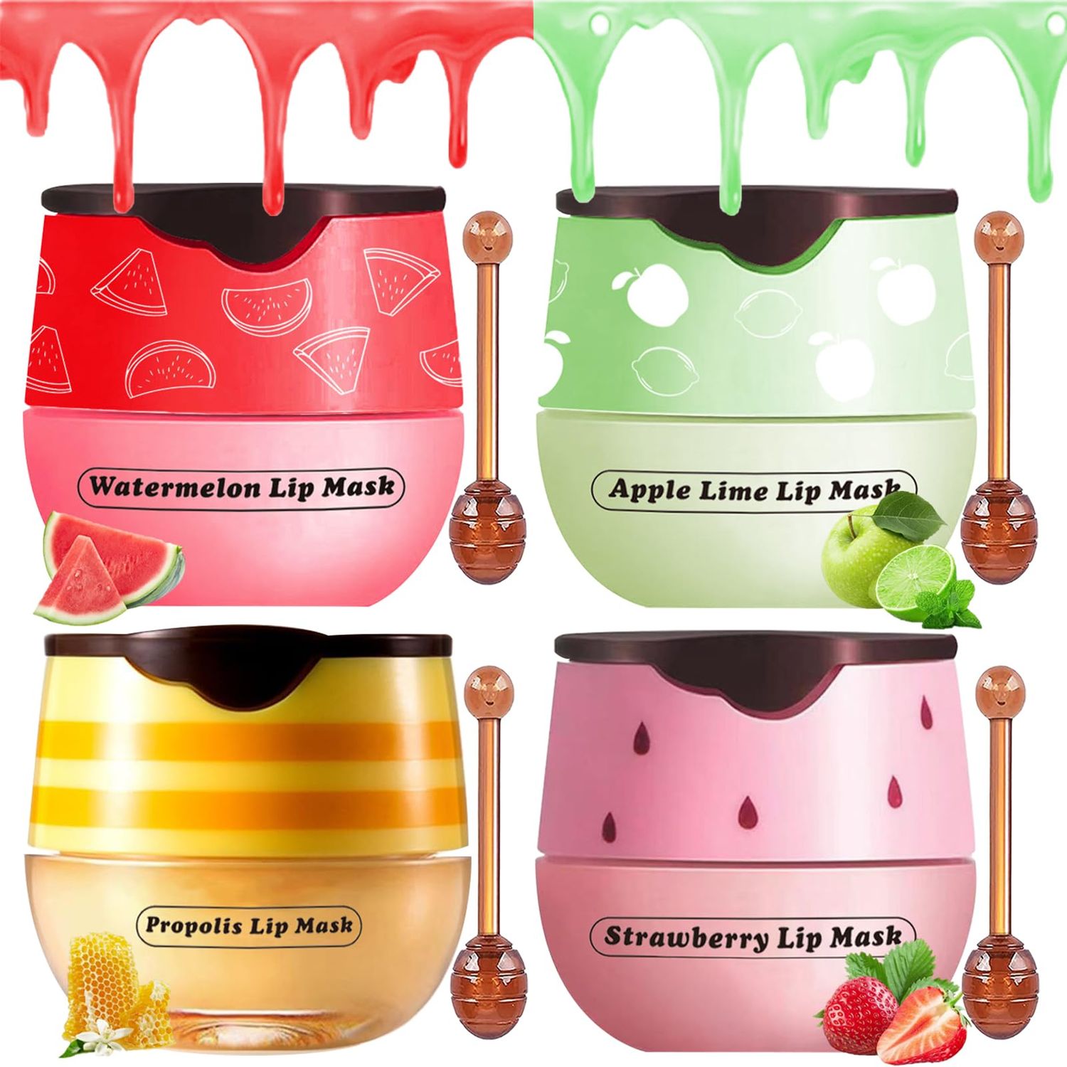 Honey Lip Balm Pot, 4 Pcs Honey &amp; Strawberry &amp; Apple Lime &amp; Watermelon Lip Mask Propolis Lip Mask Moisturizing Hydrating Prevention Dry and Cracked Lip Scrubs Exfoliator