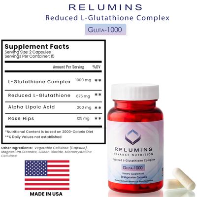 Relumins Advance Nutrition Gluta 1000 - Reduced L-Glutathione, Alpha Lipoic Acid &amp; Rose HIPS - Antioxidant Support for Skin &amp; Overall Wellness - 30 Veg Capsules x 5 Bottles (75-Day Supply)