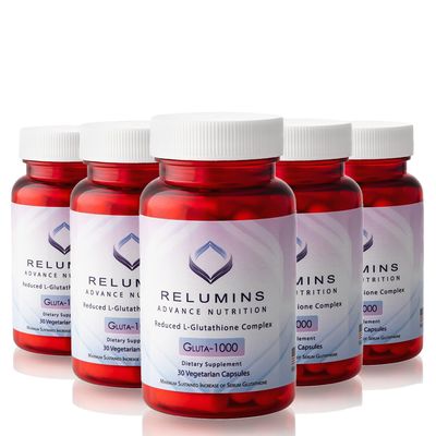 Relumins Advance Nutrition Gluta 1000 - Reduced L-Glutathione, Alpha Lipoic Acid &amp; Rose HIPS - Antioxidant Support for Skin &amp; Overall Wellness - 30 Veg Capsules x 5 Bottles (75-Day Supply)