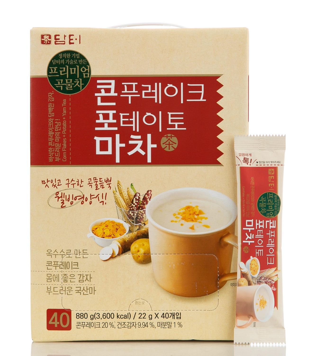 Damtuh Korean Corn Flake, Potato &amp; Yam Tea Savory Powder Meal Replacement Shake - Crunchy &amp; Nutty Flavor, Instant Breakfast Option, 22g x 40 Sticks