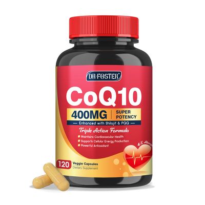 DRFOSTER CoQ10 400mg-High Absorption Coenzyme Q10 Supplements with PQQ, Shilajit &amp; Vitamin E, Powerful Antioxidant for Heart &amp; Brain Health and Energy-Production 120 Veggie Capsules