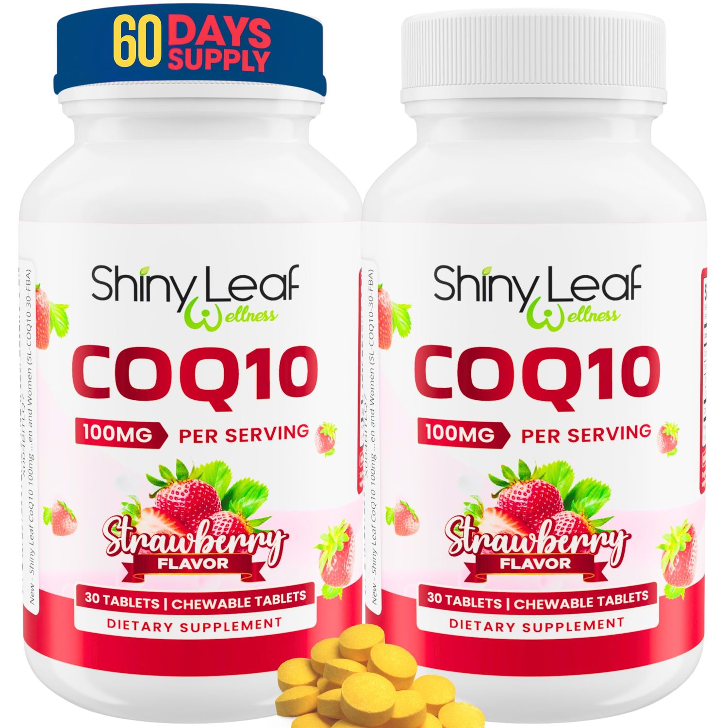 Shiny Leaf CoQ10 100mg - Chewable CoQ10 Supplement - Coenzyme Q10 for Heart Health &amp; Energy - Natural Co Q 10 Supplement for Cardiovascular Wellness - 100mg Chewable Tablets, 60 Tablets, Made in USA
