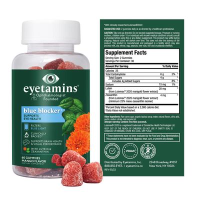 eyetamins Blue Blocker Eye Health - 60 Lutein Gummies - Ophthalmologist-Developed - Support Vision, Filter Blue Light & Help Eye Strain - Promotes Sleep, Focus Eyesight - Vegan & Non-GMO Formula