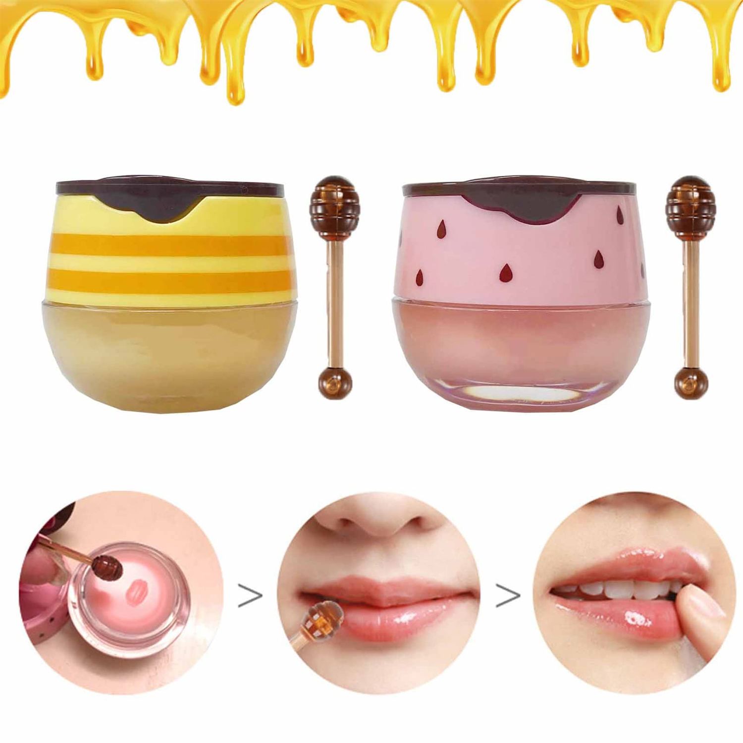 2PCS Bee Lip Balm Honey Pot, Honey &amp; Strawberry Propolis Moisturizing, Hydrating &amp; Prevention Dry and Cracked Lip Scrubs Exfoliator