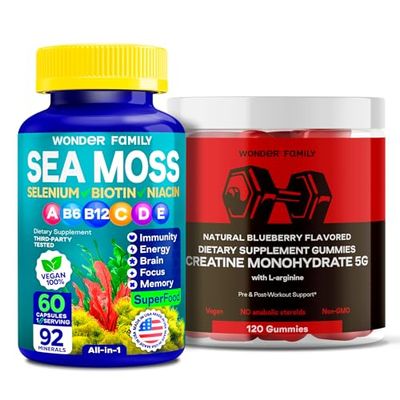 WONDER FAMILY Creatine Monohydrate Gummies 5g with Vitamins B6, B12 Boost Strength &amp; Recovery with Creatine Chewables - Tasty Creatine for Men Muscle Gain (120 Count (Pack of 1), Blueberry)