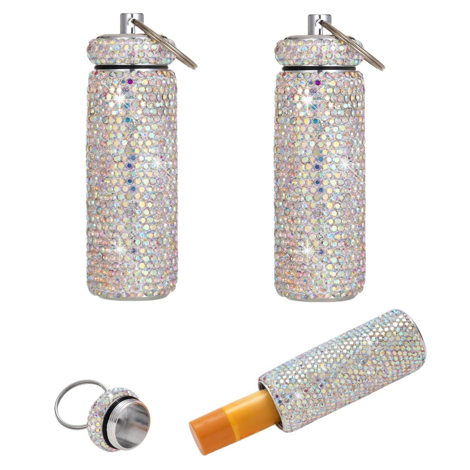 Veseek Lip Balm Holder Key Chain 2Pcs Lip Balm Gloss Holder Keychain Bling Lipstick Case for Purse Portable Metal Lipbalm Organizer Cute Key Chain Accessories for Women(Ab)
