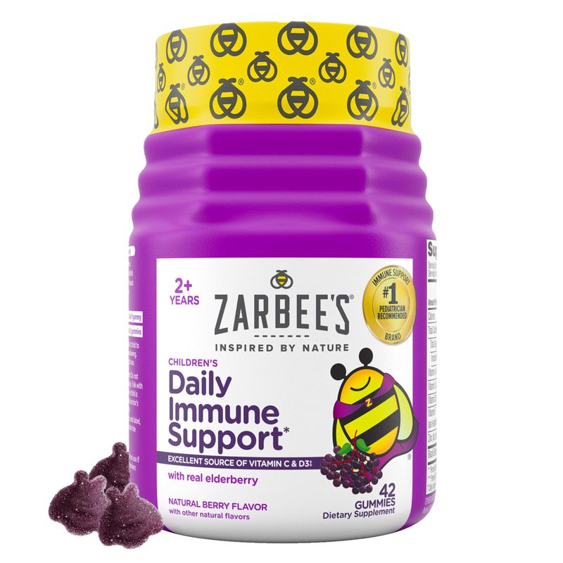 Zarbees Kids Elderberry Immune Support Gummies, Daily Vitamins A C D3 E &amp; Zinc, Real Elderberry Extract, Gelatin &amp; Gluten Free, No Artificial Flavors, Natural Berry Flavor, Ages 2, 42 Ct Bottle