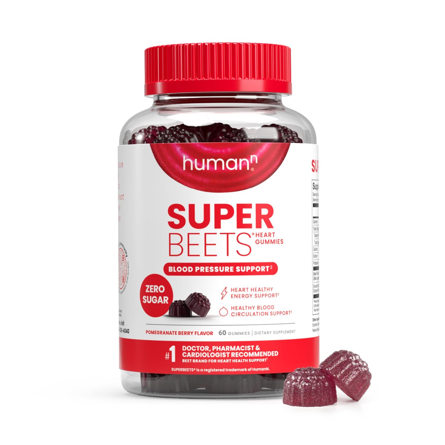 HumanN SuperBeets Heart Gummies - Beet Gummy with Energy Support, Grape Seed Extract &amp; Beetroot Powder, Sugar Free - Pomegranate Berry Flavor, 60 Count