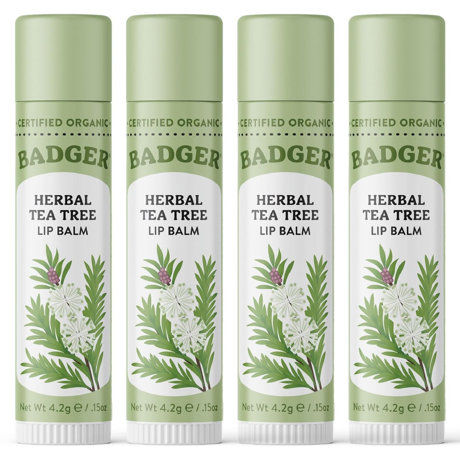 Badger Tea Tree Classic Lip Balm, 100 Organic Lip Balm, Moisturizing Herbal Lip Care w/Light Silky Texture, Soothing &amp; Refreshing Lip Care for Irritated or Chapped Lips, 4 Pack