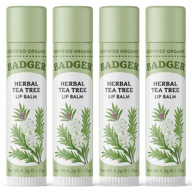 Badger Tea Tree Classic Lip Balm, 100 Organic Lip Balm, Moisturizing Herbal Lip Care w/Light Silky Texture, Soothing &amp; Refreshing Lip Care for Irritated or Chapped Lips, 4 Pack
