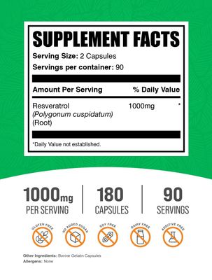 BulkSupplements.com Resveratrol Capsules - Resveratrol Supplement, Antioxidants Supplement, Resveratrol 1000mg - Gluten Free, 2 Capsules per Serving, 180 Count (Pack of 1)