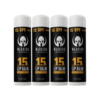 Warrior SPF 15 Lip Balm - Unscented Chapstick Made in USA - Protects Against Wind, Cold, Heat, and UV Rays - Premium Lip Sunscreen Used by Military (0.15 OZ Tube) - Pack Of 4