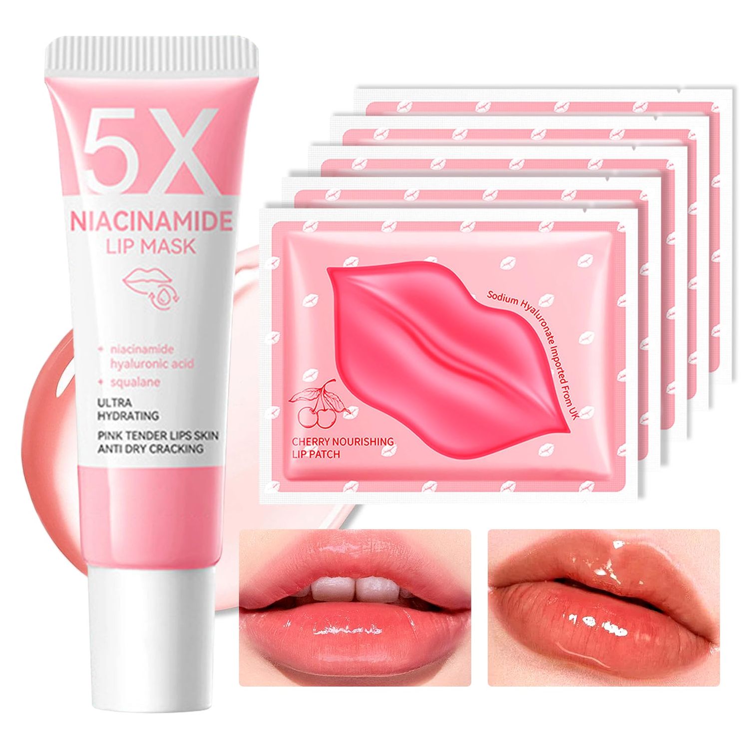 Lip Balm and 5 Pack Under Lip Patches Set, Deep Moisturizing Lip Plumper Mask Lip Care Pads for Women Men, Hydrating Plumping Lip Sleeping Night Overnight Lip Mask Set for Dry Craked Lips, 6Pcs