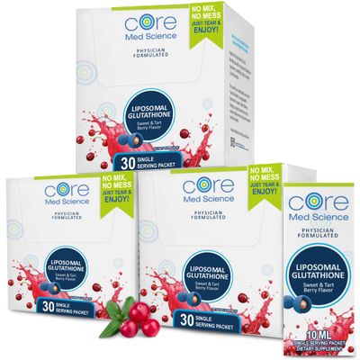 Core Med Science Liposomal Glutathione Supplement, Sweet &amp; Tart Berry - Glutathione Drink Mix for Detox Support - Antioxidant Supplement for Energy, Brain Health, Skin &amp; Liver Health - 3 Pack