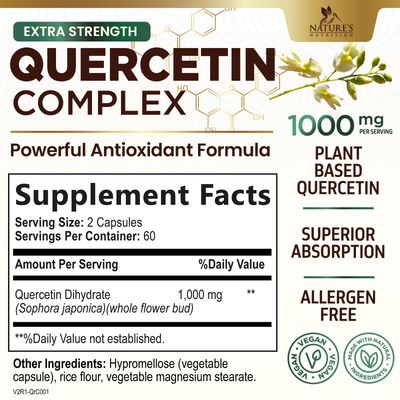Quercetin 500mg Capsules - Extra Strength Quercetin Supplements 1000mg Serving - Antioxidants &amp; Bioflavonoids Support for Immune, Heart &amp; Cellular Health - Non-GMO &amp; Gluten Free - 120 Veggie Capsules