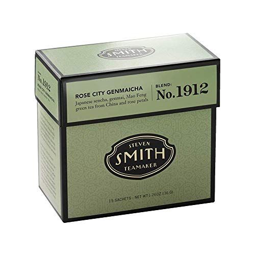 Smith Teamaker | Rose City Genmaicha No. 1912 - Sencha, Genmai, Mao Feng Green Tea &amp; Rose Petals | Caffeinated Roasted Rice Full Leaf Green Tea Blend (15 Sachets, 1.26oz each)