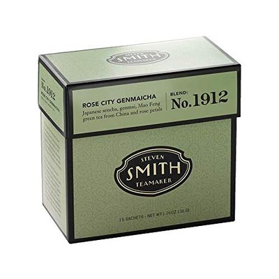 Smith Teamaker | Rose City Genmaicha No. 1912 - Sencha, Genmai, Mao Feng Green Tea &amp; Rose Petals | Caffeinated Roasted Rice Full Leaf Green Tea Blend (15 Sachets, 1.26oz each)