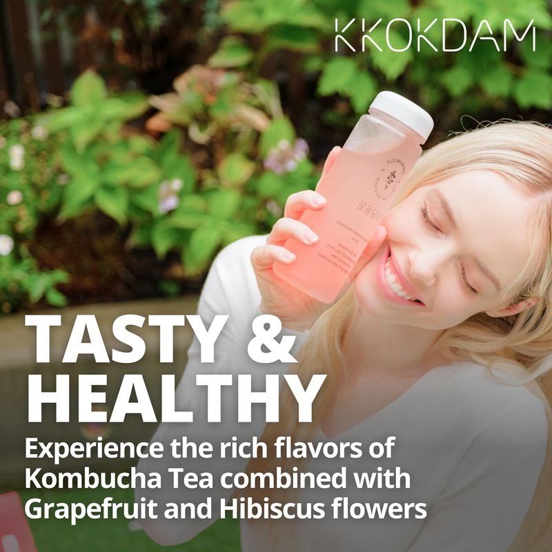 KKOKDAM Kombucha Tea - Grapefruit &amp; Hibiscus Korean Tea - Kombucha Drinks Probiotic Support, Low Calorie, Sugar Free Kombucha Pack - 15 Packs