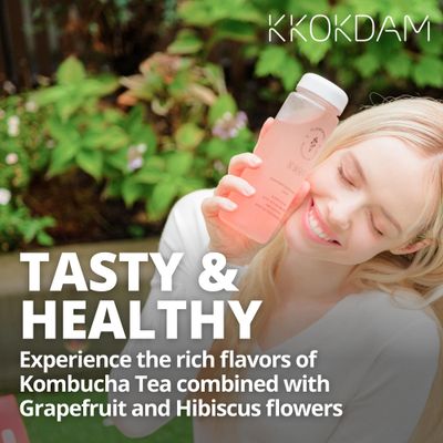 KKOKDAM Kombucha Tea - Grapefruit &amp; Hibiscus Korean Tea - Kombucha Drinks Probiotic Support, Low Calorie, Sugar Free Kombucha Pack - 15 Packs