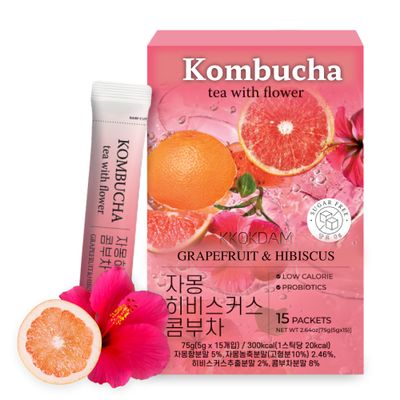 KKOKDAM Kombucha Tea - Grapefruit &amp; Hibiscus Korean Tea - Kombucha Drinks Probiotic Support, Low Calorie, Sugar Free Kombucha Pack - 15 Packs