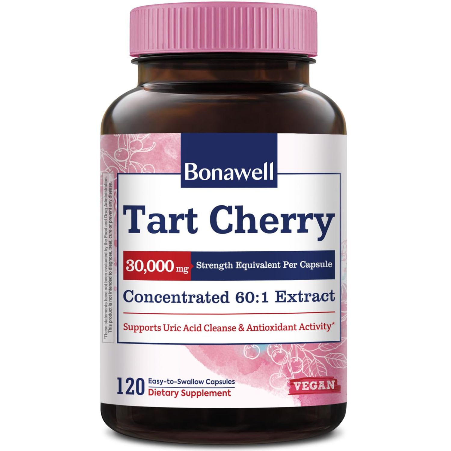Bonawell Tart Cherry 60:1 Extract, 30000mg Strength, Made from Montmorency Tart Cherries, Powerful Uric Acid Cleanse, Muscle Mobility, 2 Month Supply, 4 Month Supply, 120 Capsules